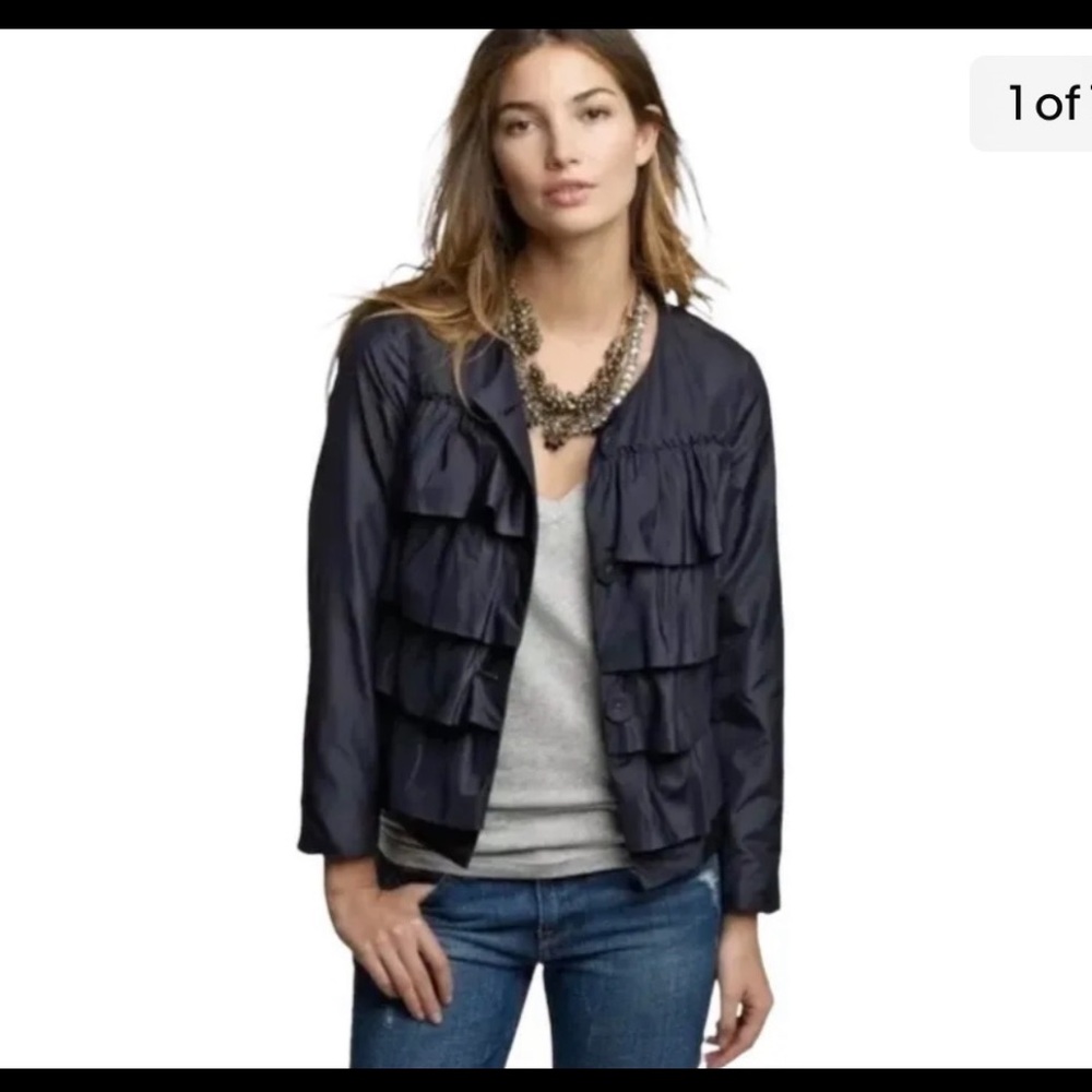 NWT J. Crew 100% Silk Dark Blue Ruffle Jacket, 3/4 Sleeves, 10